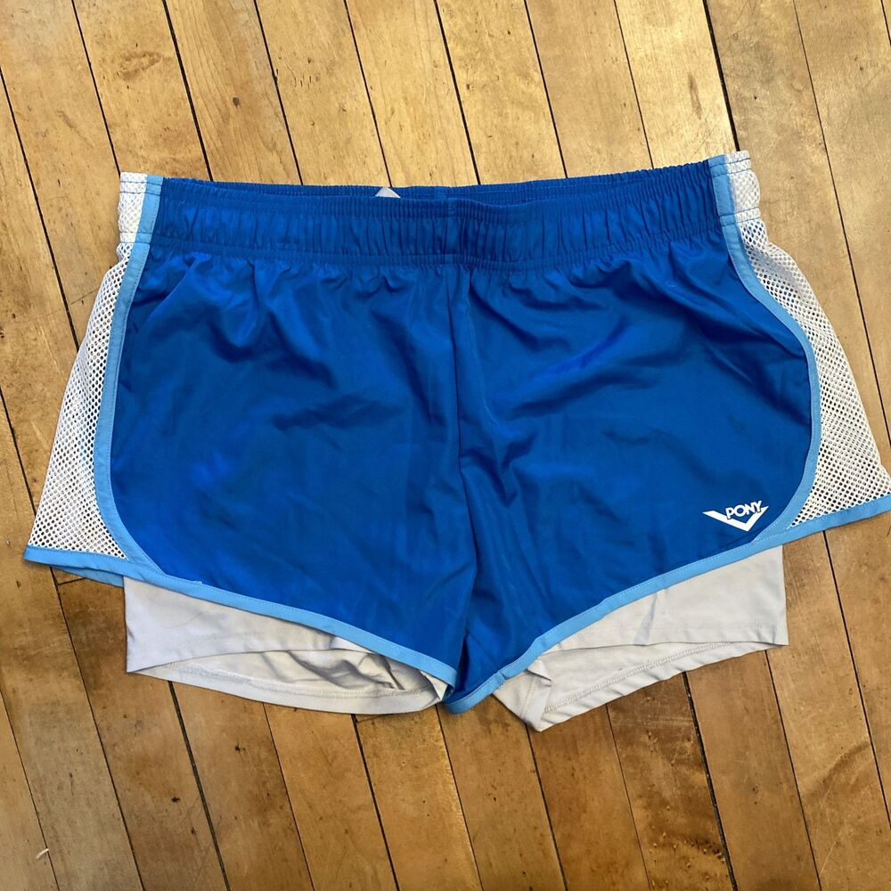 Pony Women’s Vintage Track Shorts Blue Mesh Drawstring Pull On
